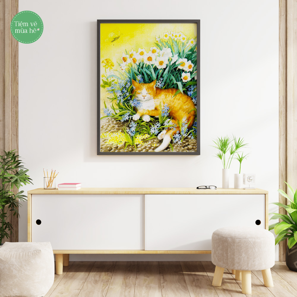 Tranh số hóa  - Mèo bên hoa đã căng khung 40x50cm 31 màu