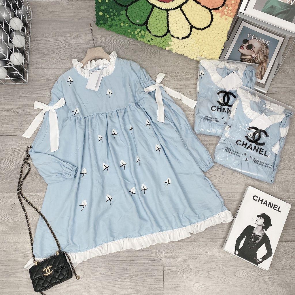 Đầm nữ Babydoll Xanh Vai Nơ Dài Tay Phối Viền Mặc đi làm du lịch đi chơi Q093