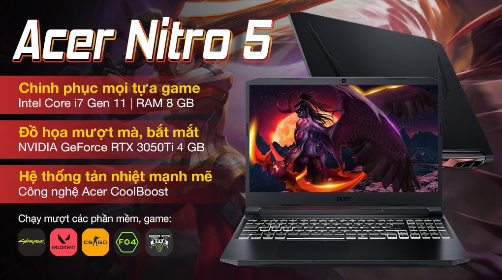 Laptop Acer Gaming Nitro 5 Eagle AN515-57-74NU NH.QD9SV.001 (Core i7-11800H/ 8GB DDR4 3200Mhz/ RTX 3050Ti 4G-GDDR6/ 512GB SSD PCIe NVMe/ 15.6 FHD IPS, 144Hz/ Win10) - Hàng Chính Hãng