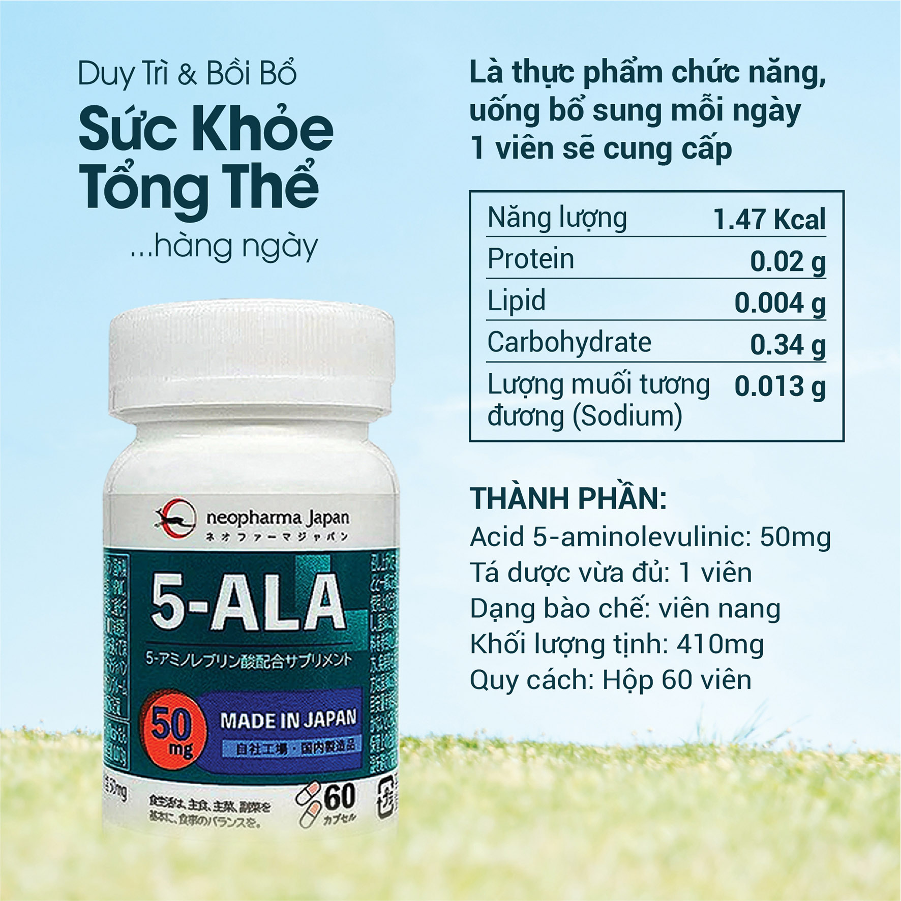 Thực phẩm bảo vệ sức khỏe 5-ALA (5-Aminolevulinic Acid) - DUY TRÌ VÀ BỒI BỔ SỨC KHỎE TỔNG THỂ - Hộp 60 viên