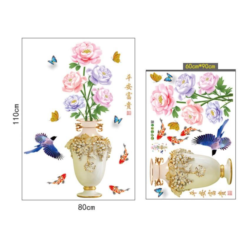Decal trang trí bình hoa cá và bông sắc màu