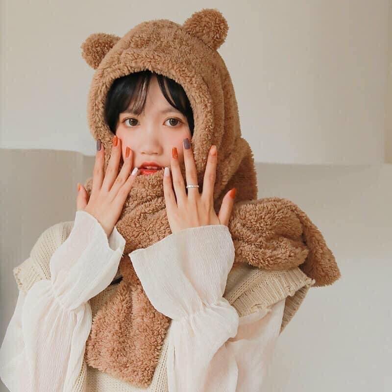 Mũ lông cừu kèm khăn quàng cổ kiêm túi để tay giữ ấm mùa đông 3 in 1