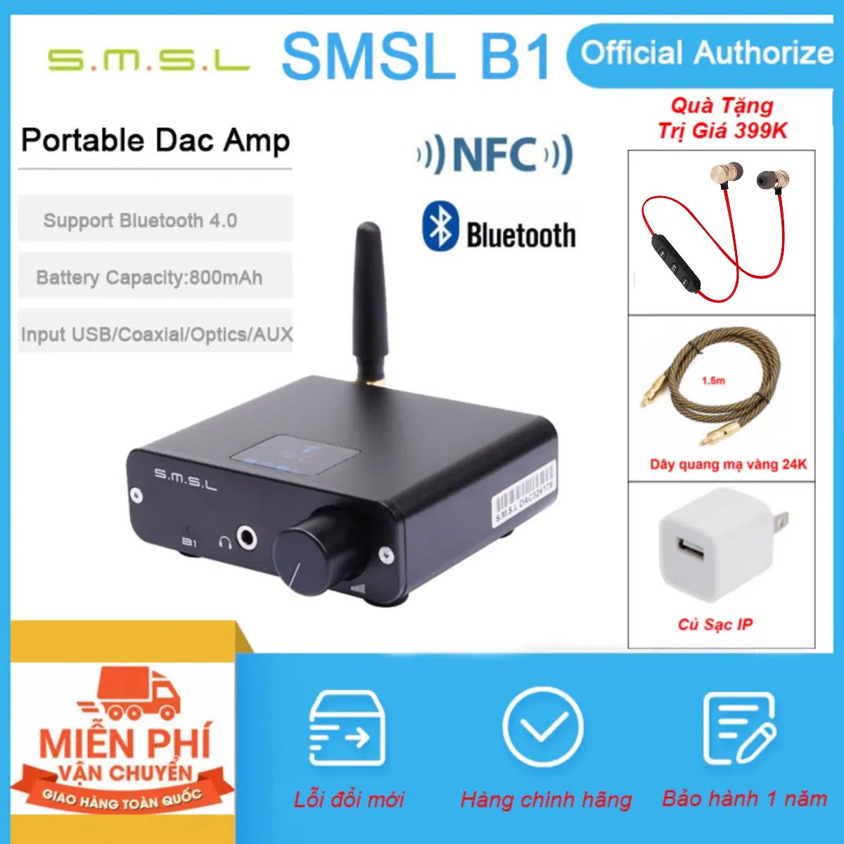 Quà Tặng Trị Giá 399K - SMSL Audio B1 - Bộ DAC Giải Mã Âm Thanh Bluetooth 4.2 NFC aptX S.M.S.L B1 - DAC Bluetooth 4.2 & NFC, aptX. - Dac Bluetooth 4.2 & NFC, aptX, SMSL Audio B1 - Hàng Chính Hãng