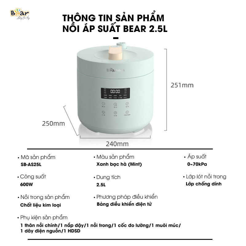 CHÍNH HÃNG BEAR VIỆT NAM  Nồi áp suất Bear tiếng Việt 2.5L SB-AS25L