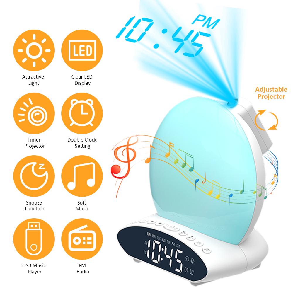 Multifunctional 4 in 1 FM Radio Wake-Up Light Alarm Clock T-ime Projector Desk Lamp 2 * AAA Cell Powered Operated Memory