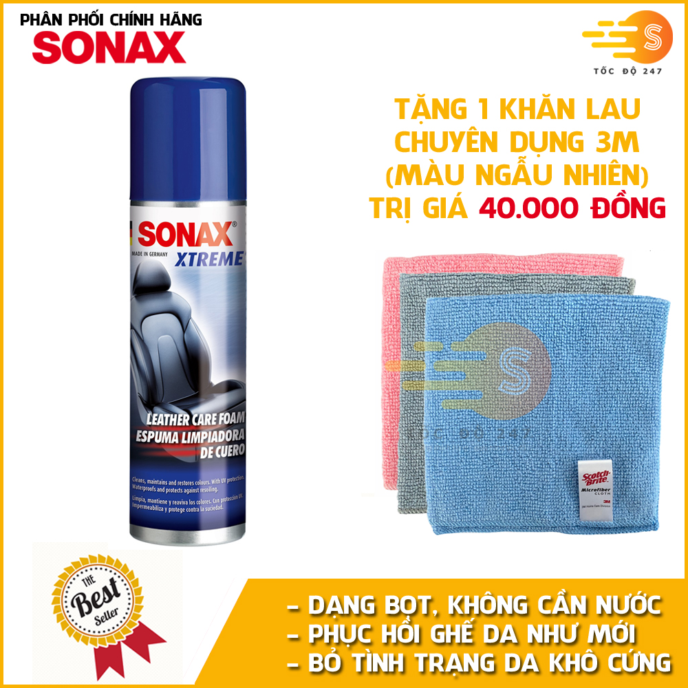 Chai xịt bọt làm sạch nhanh và dưỡng ghế da chuyên dụng Sonax 289100 250ml - tặng 1 khăn 3M màu ngẫu nhiên - Không cần nước, kéo dài tuổi thọ da, hạn chế khô cứng và bong tróc, phục hồi da cũ