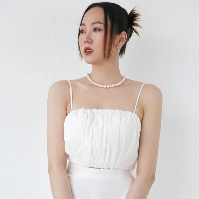 Áo Hai Dây Xếp Li Màu Trắng Chất Liệu Linen Co Em Thiết Kế Cao Cấp