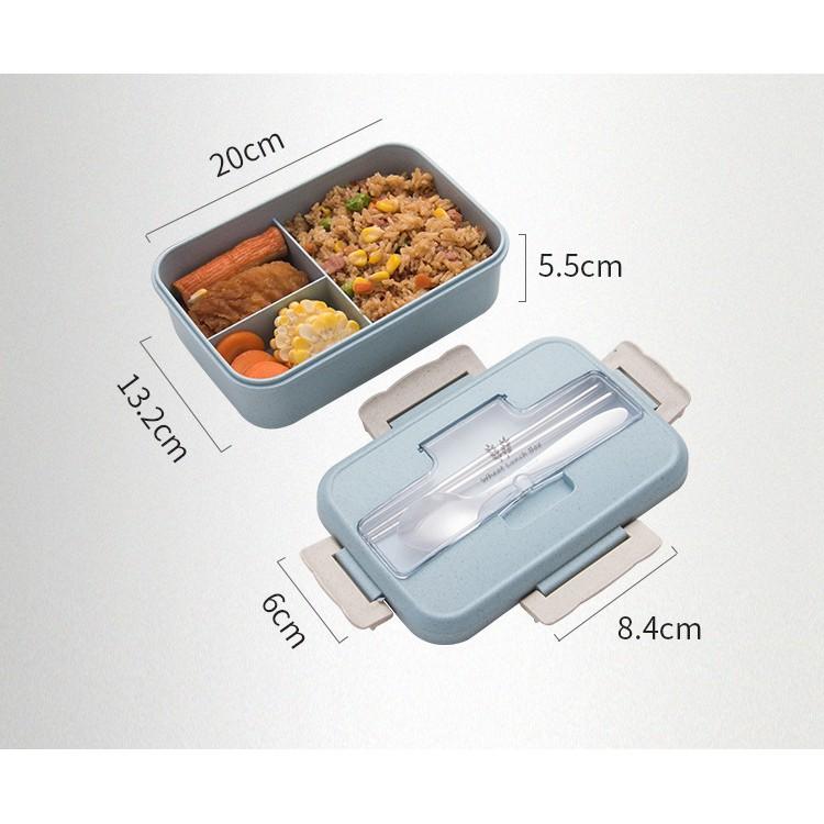 Hộp Đựng Cơm Văn Phòng, Hộp Đựng Cơm 3 ngăn lúa mạch kèm đũa thìa inox - Dùng được trong lò vi sóng -GD268