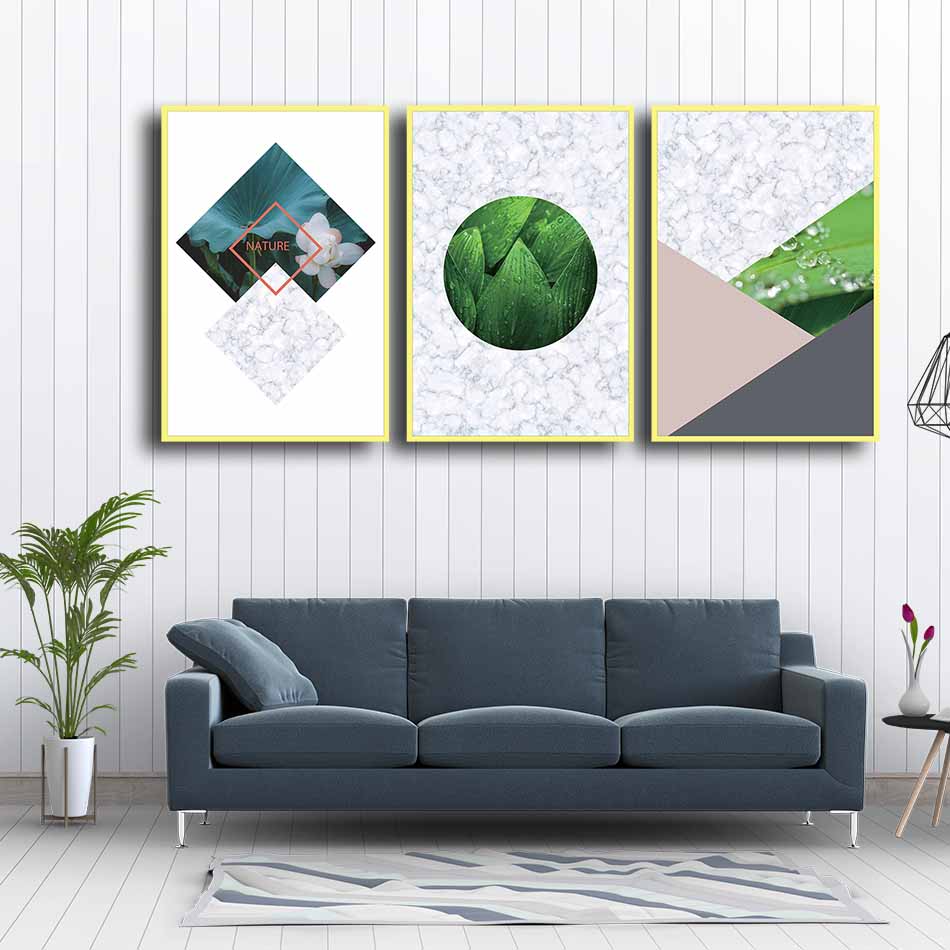 Bộ 3 tranh canvas treo tường Decor Hoa lá, hình khối cách điệu - DC083