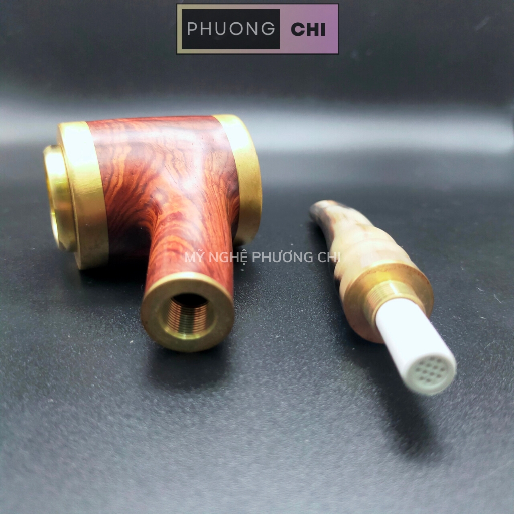 Tẩu Bắt Tóp Xì_Gà bằng sừng nối gỗ trắc đầu đồng cao cấp có 4 vòng ring 42-60 | Mỹ Nghệ Phương Chi