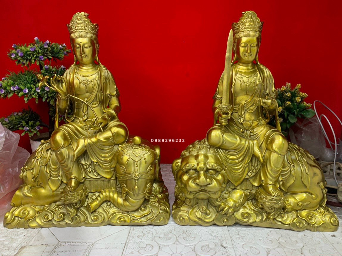 Tượng phật bà Văn Thù và Phổ Hiền Bồ Tát bằng đồng vàng cỡ lớn