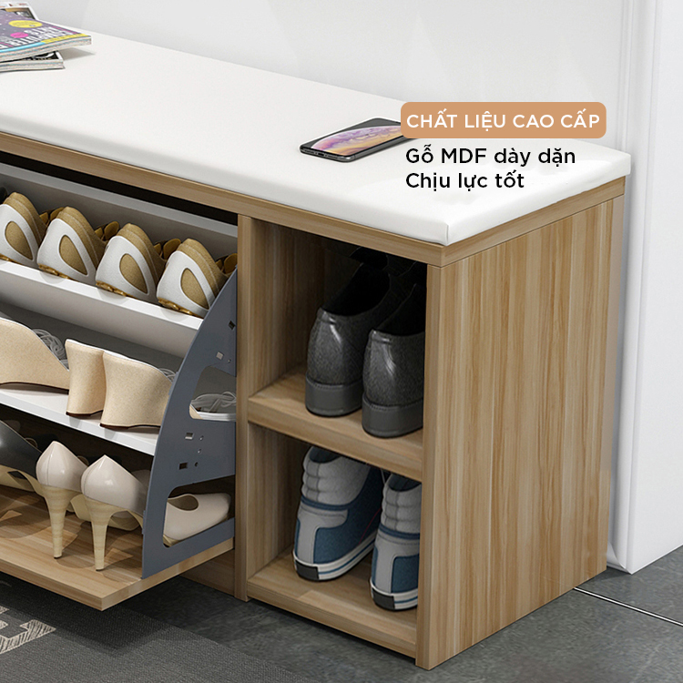 Tủ Giày Gỗ MDF Chống Ẩm Cánh Lật Siêu Gọn 3 Ngăn Có Hộc Và Đệm Da Ngồi Sang Trọng VANDO