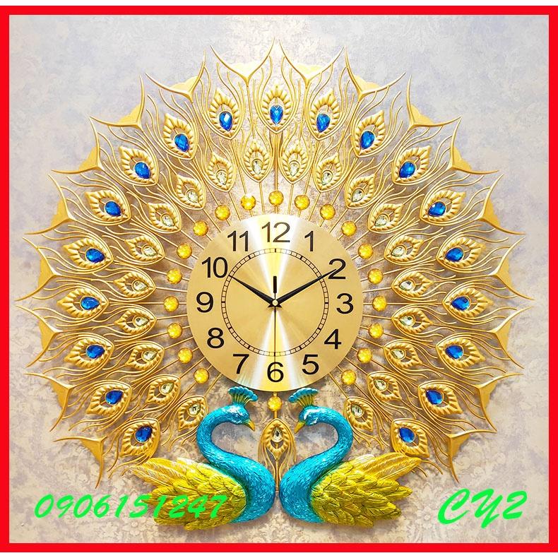 Đồng hồ treo tường trang trí decor chim công CY2 Khổng Tước vàng kích thước 70 x 70 cm