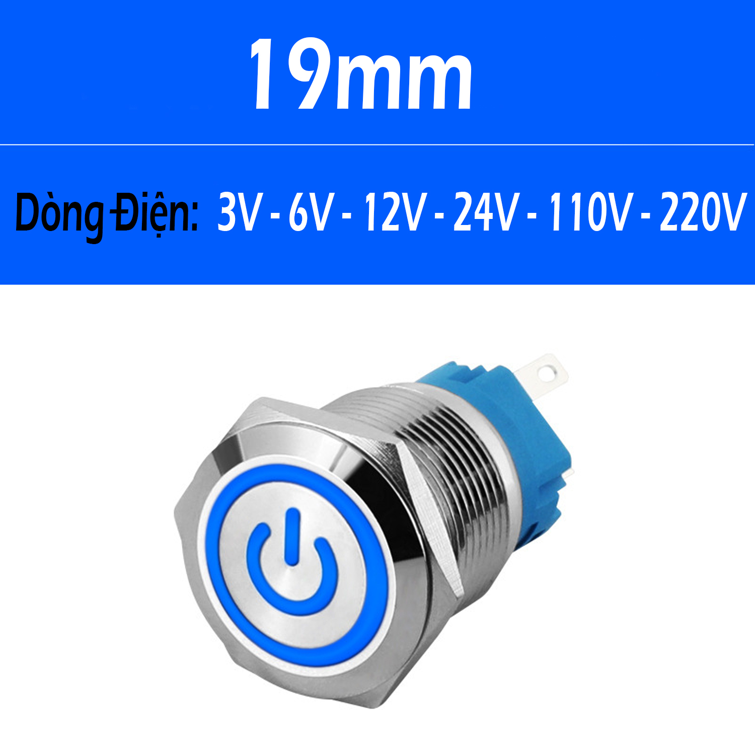 Nút nhấn Self-Lock 19mm,  Công tắc nhấn tự khóa Kim loại có LED (3-6V, 12-24V, 110-220V) không thấm nước