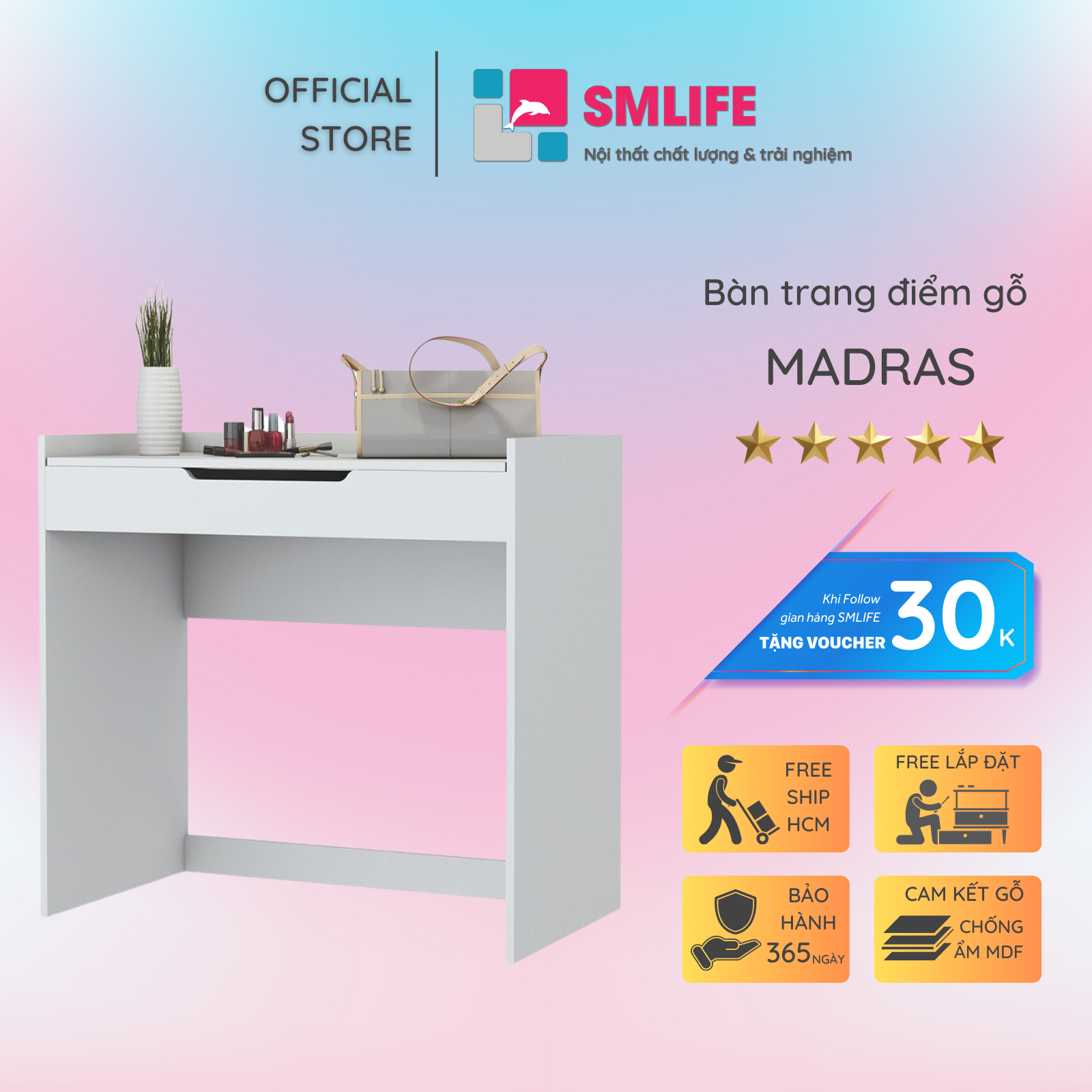 Bàn trang điểm gỗ hiện đại SMLIFE Madras | Gỗ MDF dày 17mm chống ẩm | D90xR50xC85cm