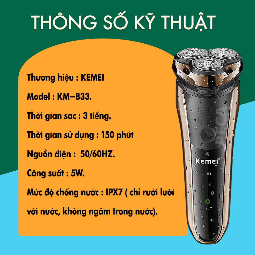 Máy cạo râu 3D lưỡi nổi Kemei KM-833 chống thấm nước IPX7, sạc USB type C có đèn led thông minh, cạo khô và ướt, máy cạo râu - Hàng chính hãng