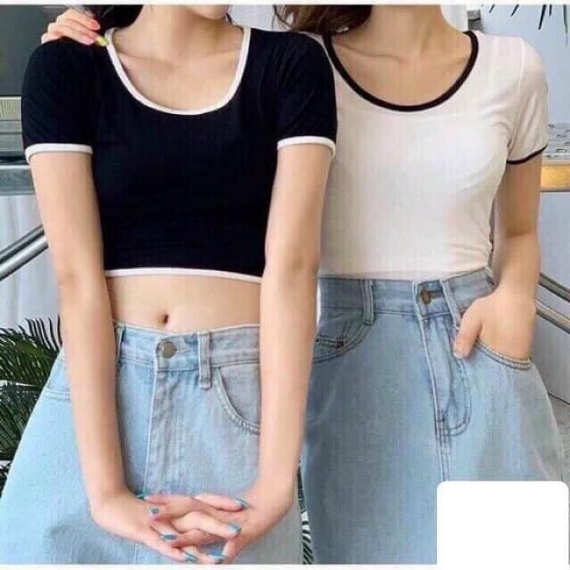 ÁO CROPTOP TRẮNG ĐEN - BODY NỮ CỔ TRÒN THUN GÂN