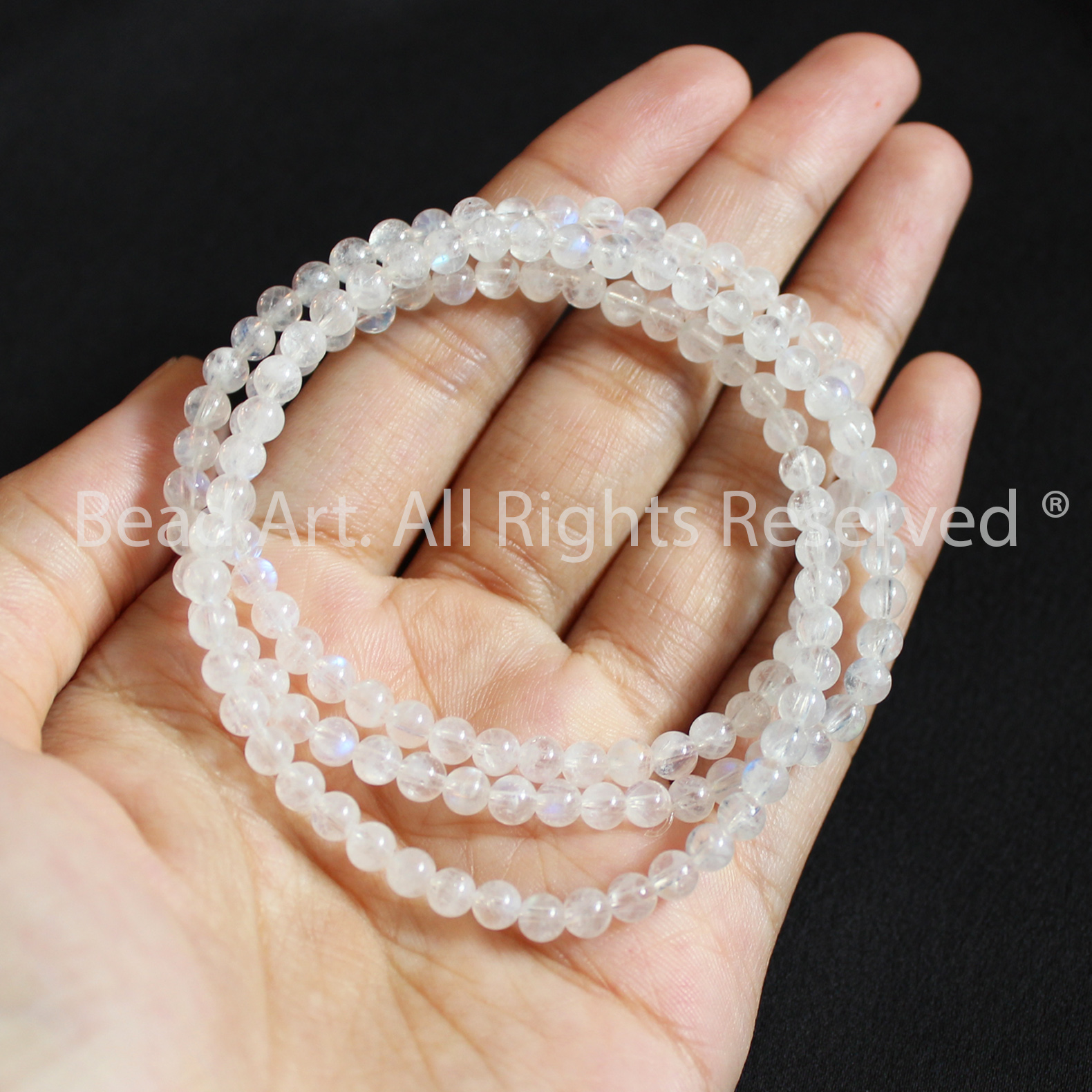 Chuỗi Quấn 3 Vòng 4MM-4.5MM Đá Moonstone, Đá Mặt Trăng Tự Nhiên Ánh Cầu Vồng Loại AA, Hợp Mệnh Kim, Thuỷ, Vòng Tay Phong Thuỷ, Đá Phong Thuỷ, Chuỗi Hạt - Bead Art