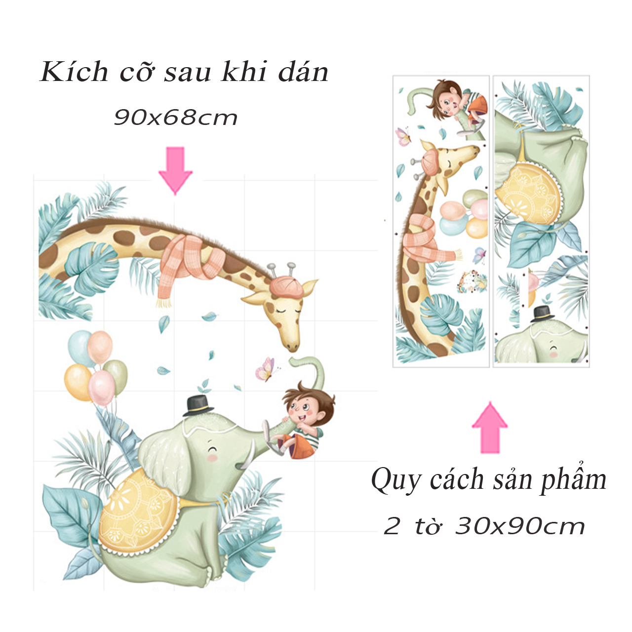 Decal dán tường trang trí phòng ngủ, lớp mầm non- Bé và bầy thú vui nhộn