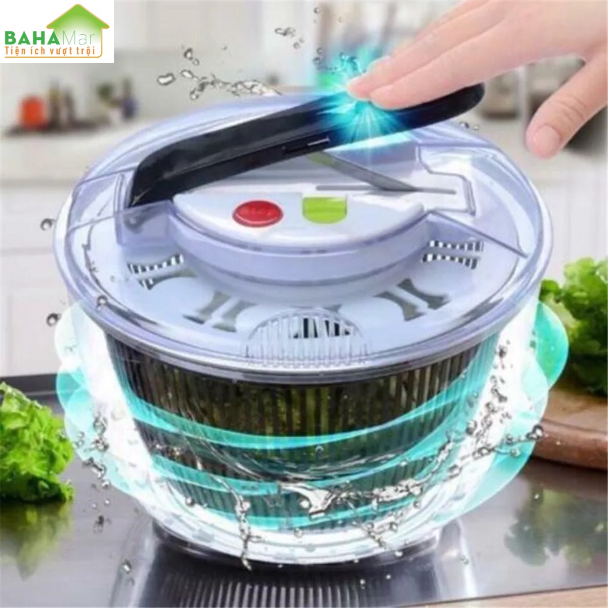 CHẬU ĐA NĂNG RỬA VÀ QUAY VẮT KHÔ RAU CỦ QUẢ THEO NGUYÊN LÝ ĐÒN BẨY có thể xoay nhiều món salad và rau tại cùng thời gian, tay nắm ấn đẩy có thể dễ dàng làm sạch và làm khô rau.