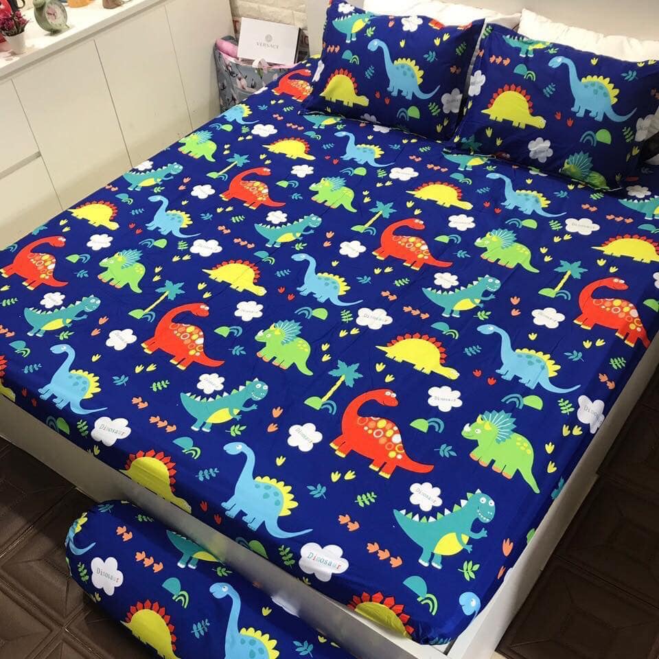 Set 5 món chăn hè ga chun Cotton Poly - Khủng Long - Tặng kèm 1 móc khóa Houston