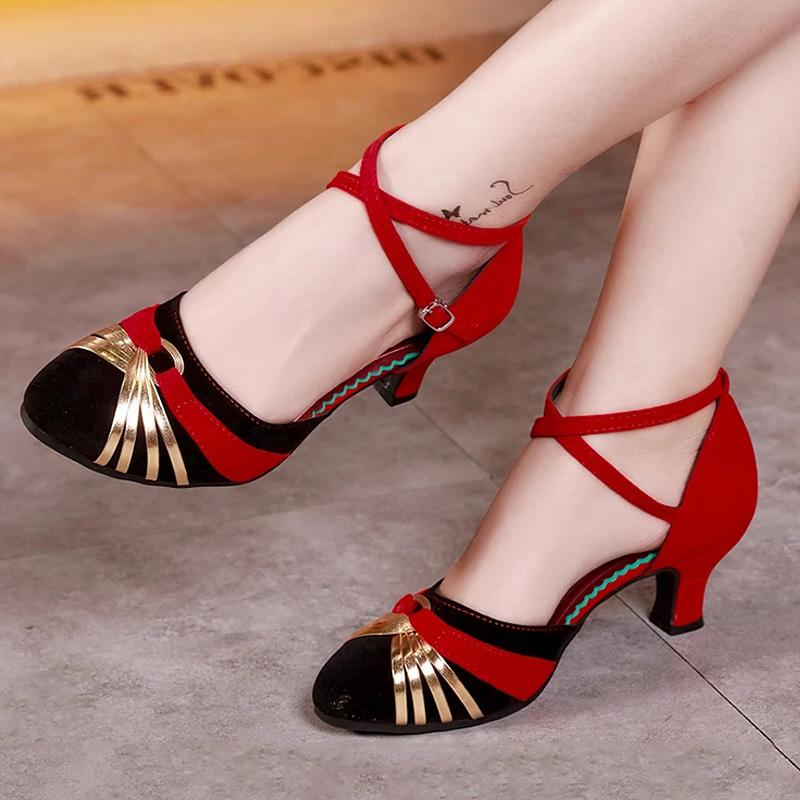 Giày khiêu vũ cho phụ nữ gót chân 5,5cm đóng ngón chân Ballroom Latin Dance Color: 5.5cm black gold Shoe Size: 38