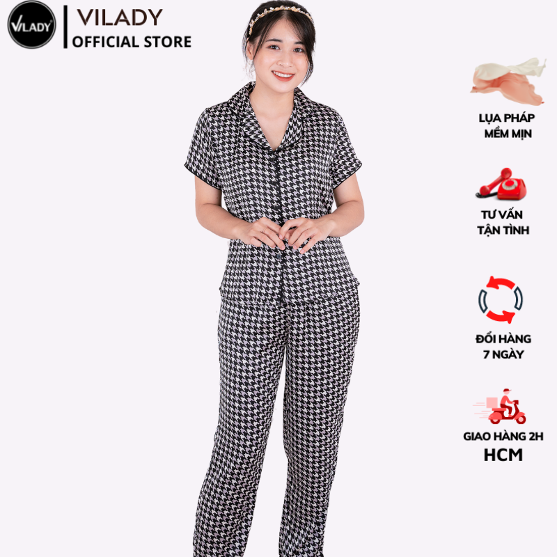 Bộ đồ Pyjama nữ, đồ mặc nhà lụa VILADY - B142 kiểu Quần dài tay cộc họa tiết Ziczac chất liệu lụa Pháp (lụa latin) - Màu đen