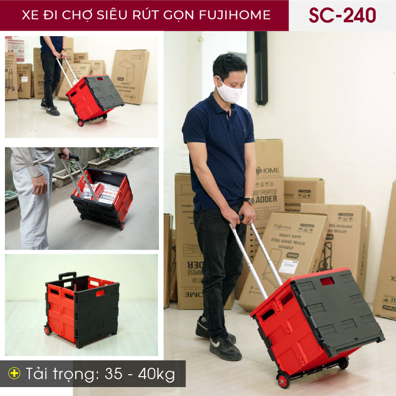 Xe kéo đi chợ siêu thị  65L xếp gọn nhập khẩu FUJIHOME ST250, bánh xe xoay 360 độ, xe đẩy hình hộp vali 65L xếp gọn đa năng- Hàng chính hãng