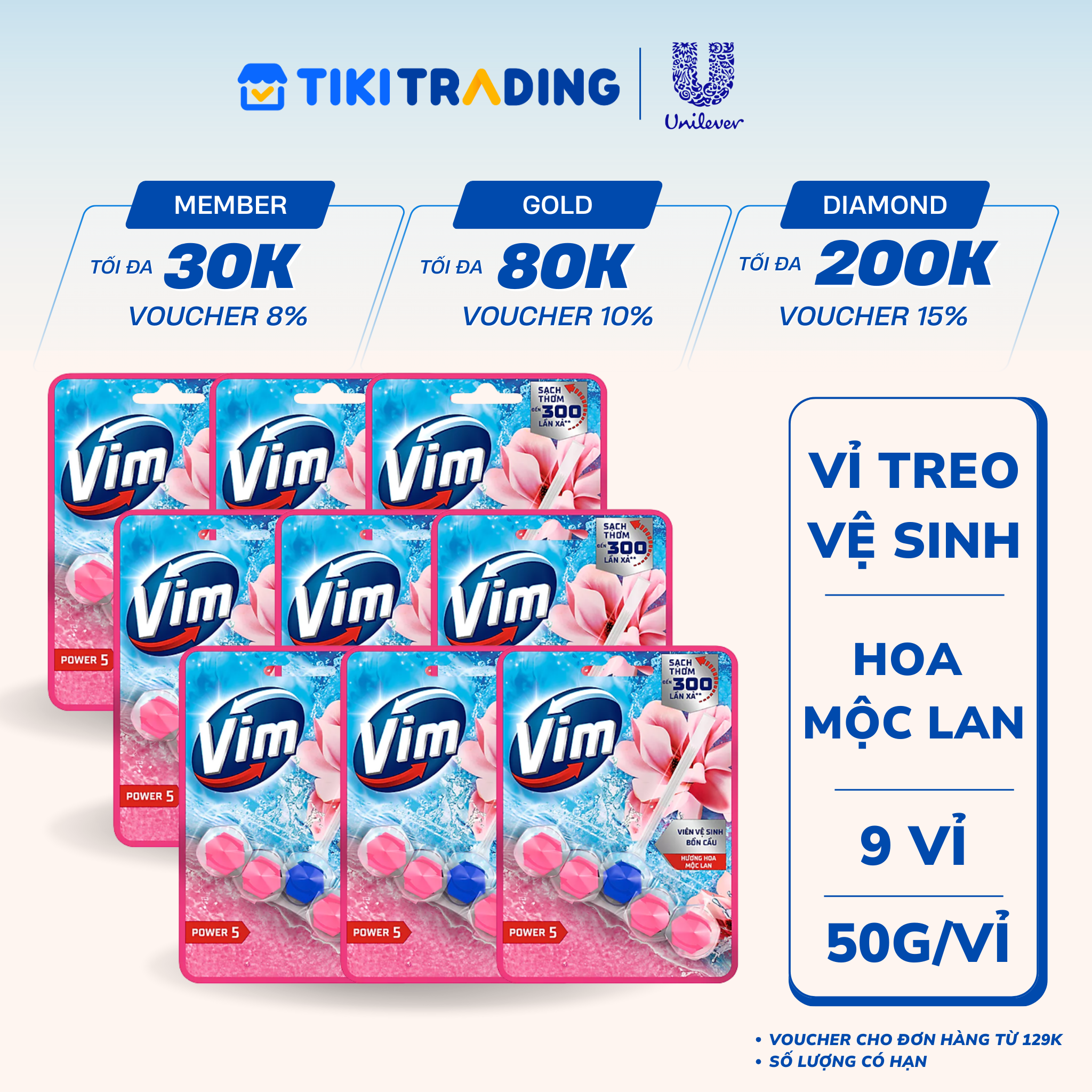 Combo 9 Vỉ Treo Vệ Sinh Bồn Cầu Vim Power 5 Hương Hoa Mộc Lan Sạch Khuẩn Thơm Mát 50G/Viên