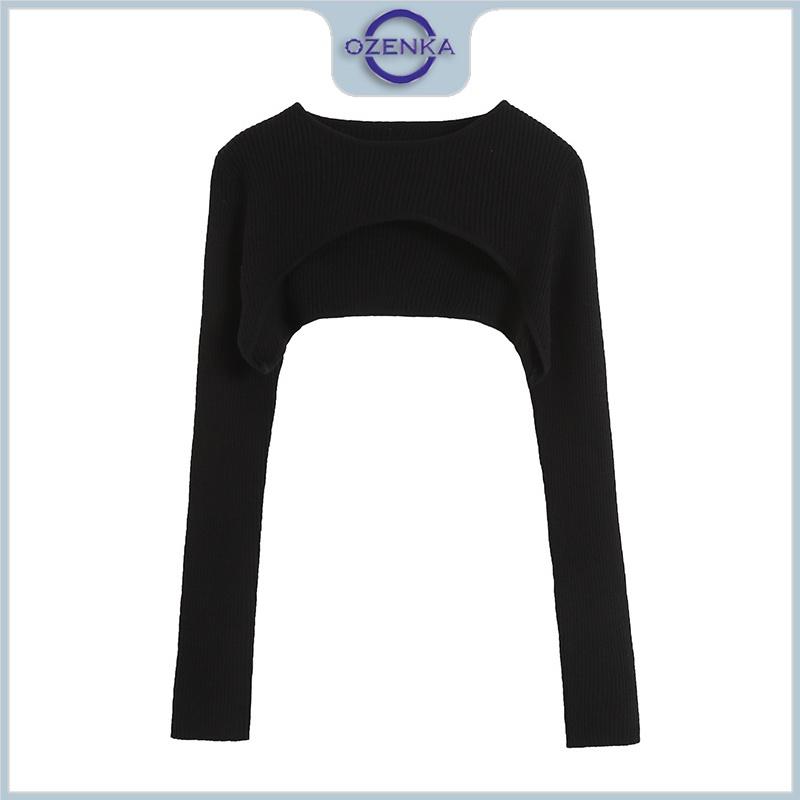 Áo croptop ngắn tay dài kiểu nữ OZENKA , áo dệt kim mặc kèm sang chảnh gợi cảm vải gân cotton 100% màu đen trắng
