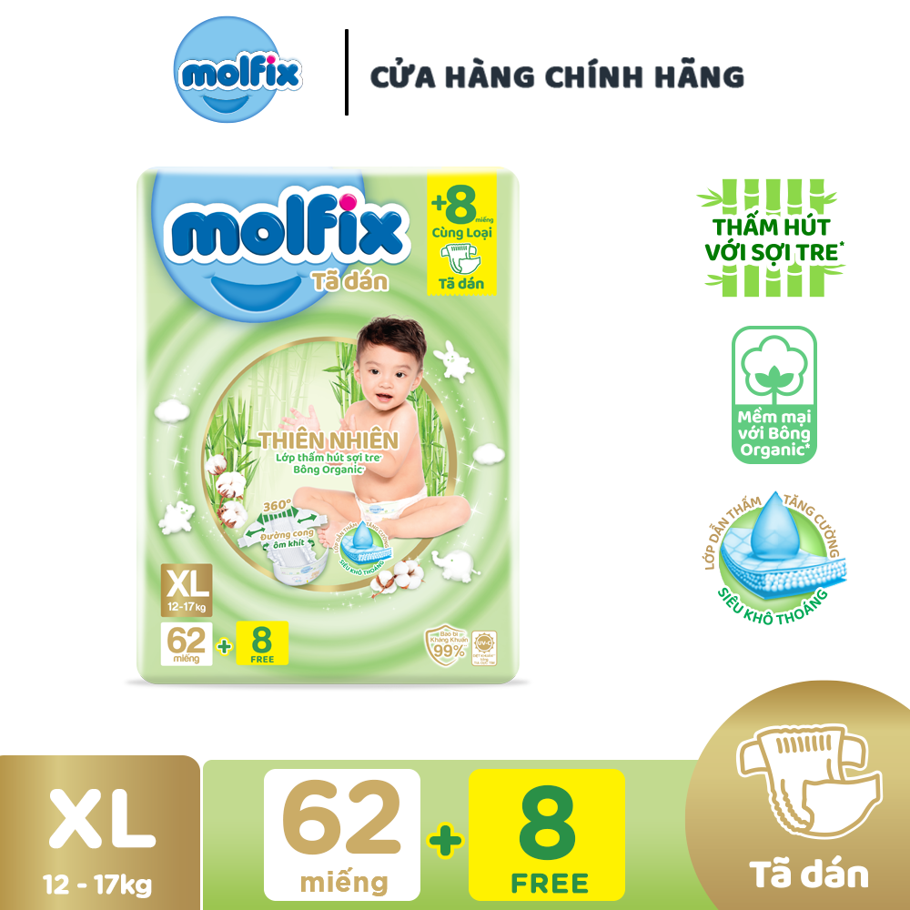 Tã/bỉm dán Molfix Thiên nhiên Super Jumbo XL (12kg - 17kg) - Gói 62+2 miếng