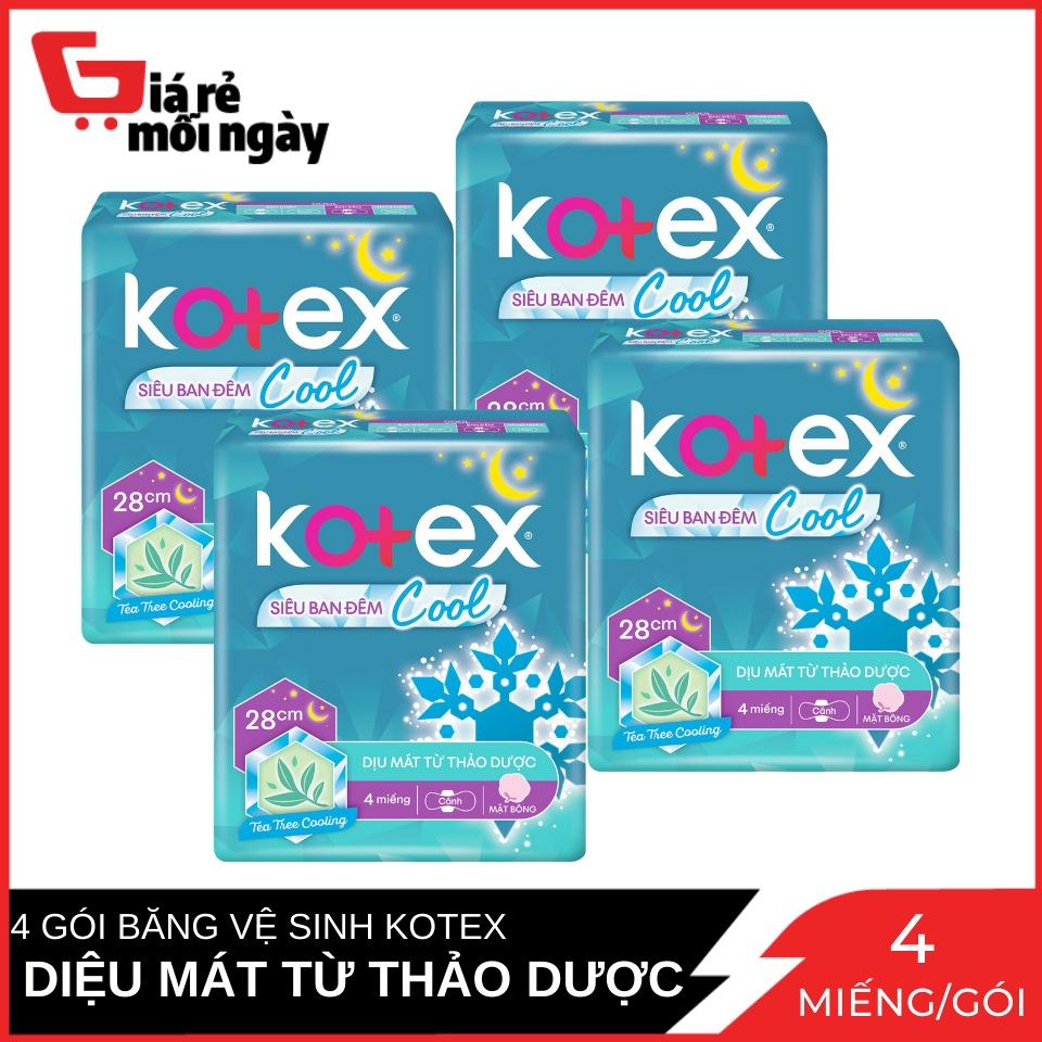 Combo 4 Gói Băng Vệ Sinh Kotex siêu ban đêm Cool mặt bông cánh 28cm Gói 4 Miếng x4