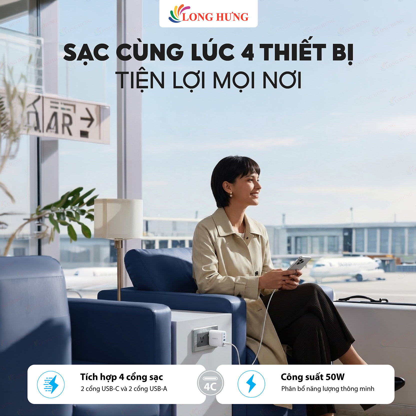 Cốc sạc Anker Zolo Fast Charging Portable 4-in-1 2USB 2Type-C 50W A121E - Hàng chính hãng