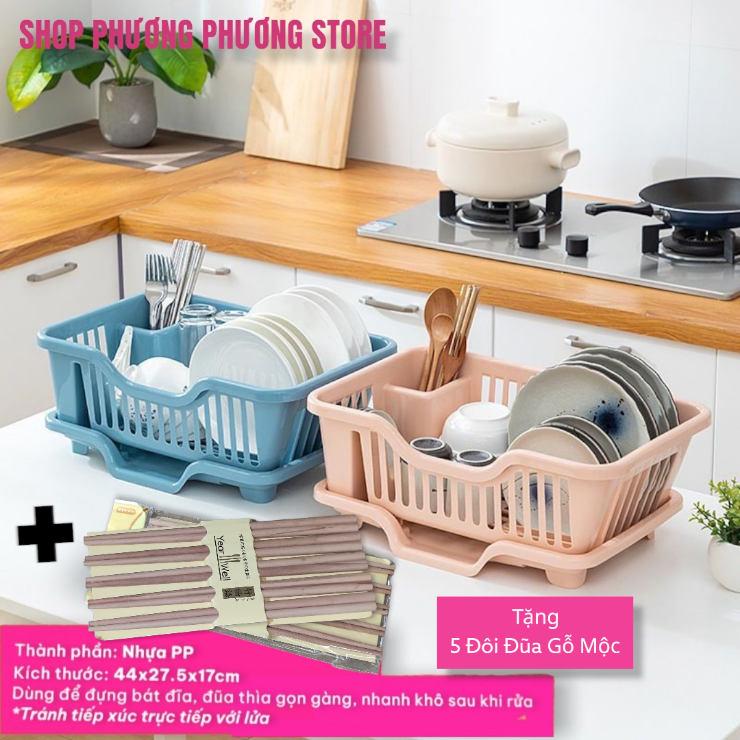 Rổ Úp Bát - Kệ Bếp Khay Đựng Chén Bát, Đĩa, Thìa, Đũa Có Khay Thoát Nước Tiện Lợi - Hàng Loại 1 - Chình Hãng HOKORI ( Tặng Sét 5 Đôi Đũa Gỗ Mộc }