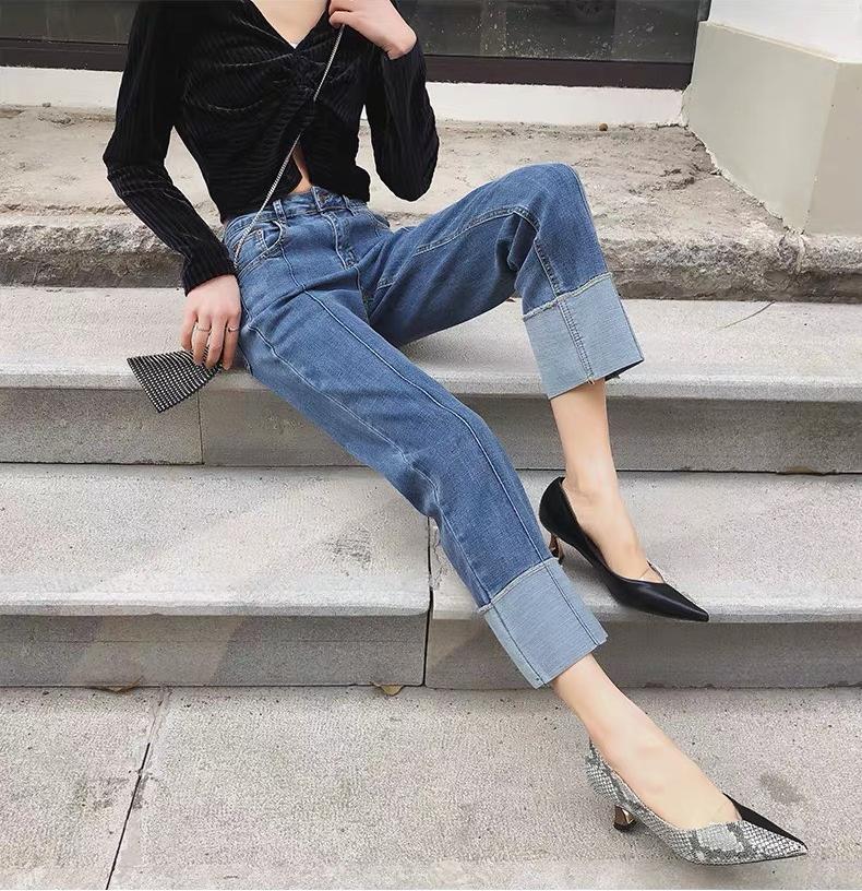 Quần jean nữ BIGSIZE ống suông rộng 9 tấc, lưng cao, co dãn mạnh, dành cho người béo 65kg~90kg 3507