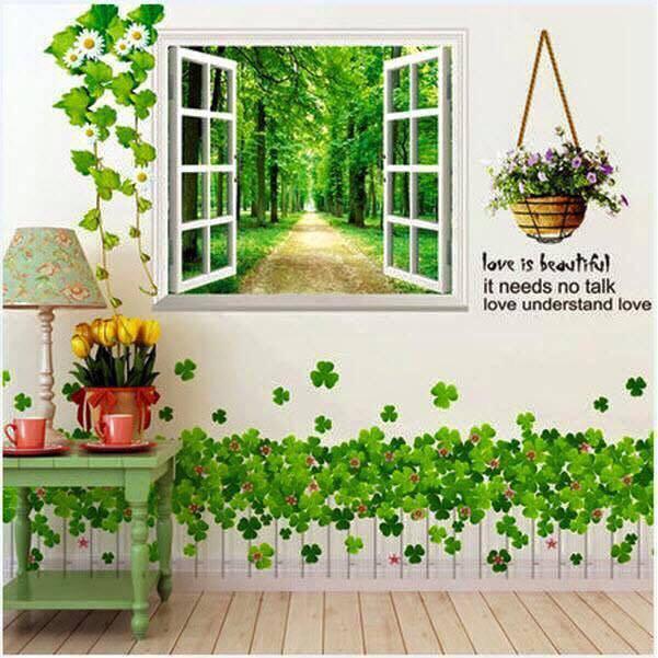 Decal dán tường Combo Khung cửa sổ + hàng rào cỏ 3 lá