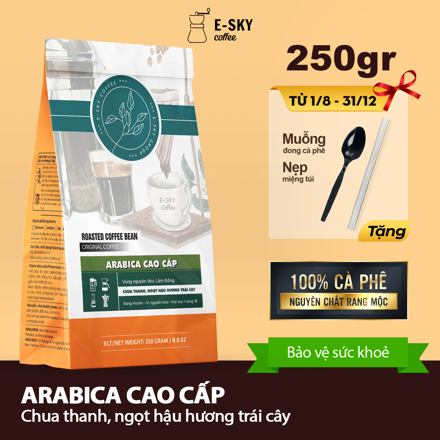 Cà Phê Rang Xay Nguyên Chất Arabica Cầu Đất E-SKY Coffee Pha Phin Pha Máy Cold Brew 250g-500g