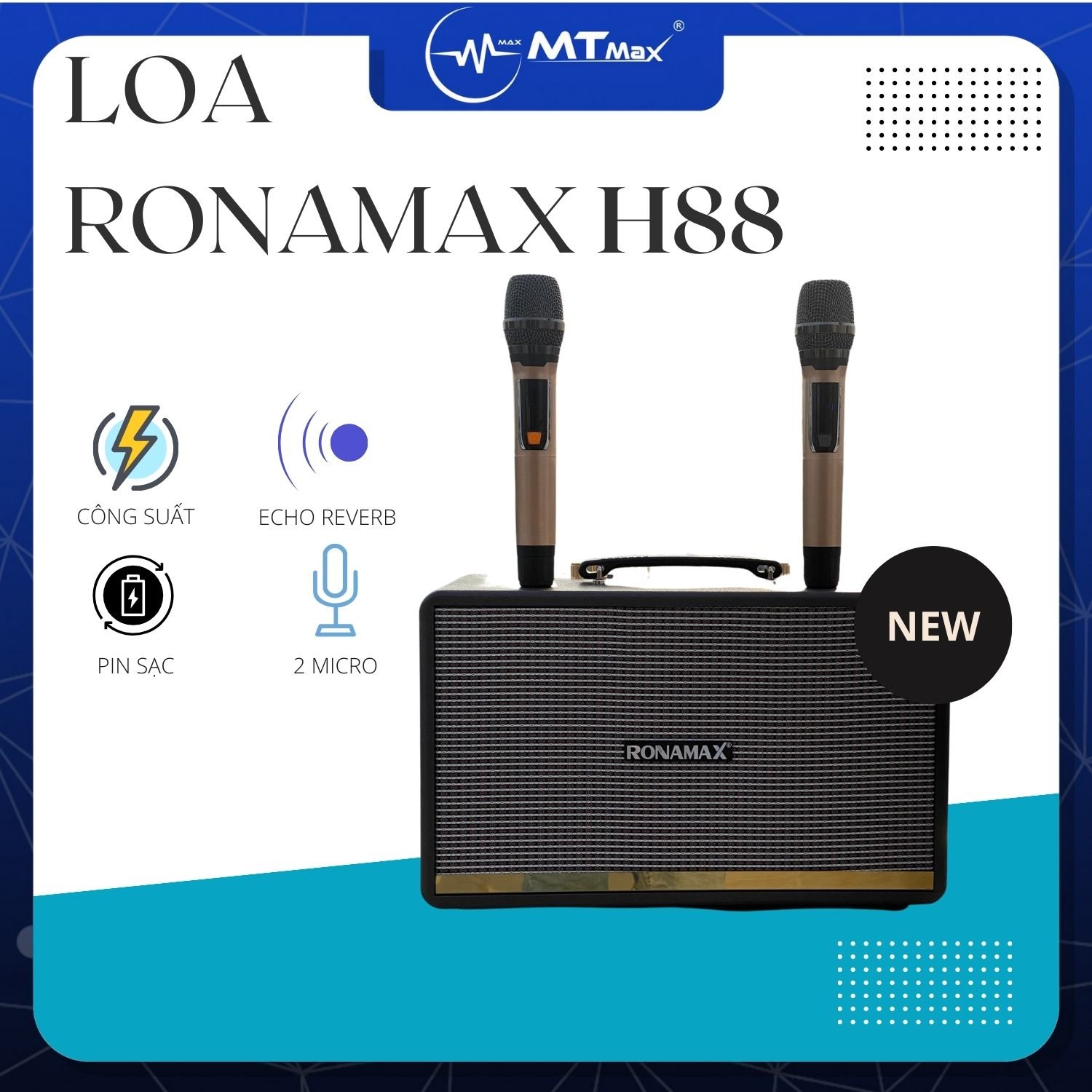 Loa xách tay RONAMAX H88 - Công suất lớn 700w USB, thẻ nhớ, Bluetooth, AUX/Line - Tặng 2 mic cao cấp UHF