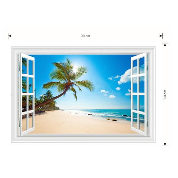 Decal trang trí khung cửa số 3D bãi  biển và cây Dừa lớn