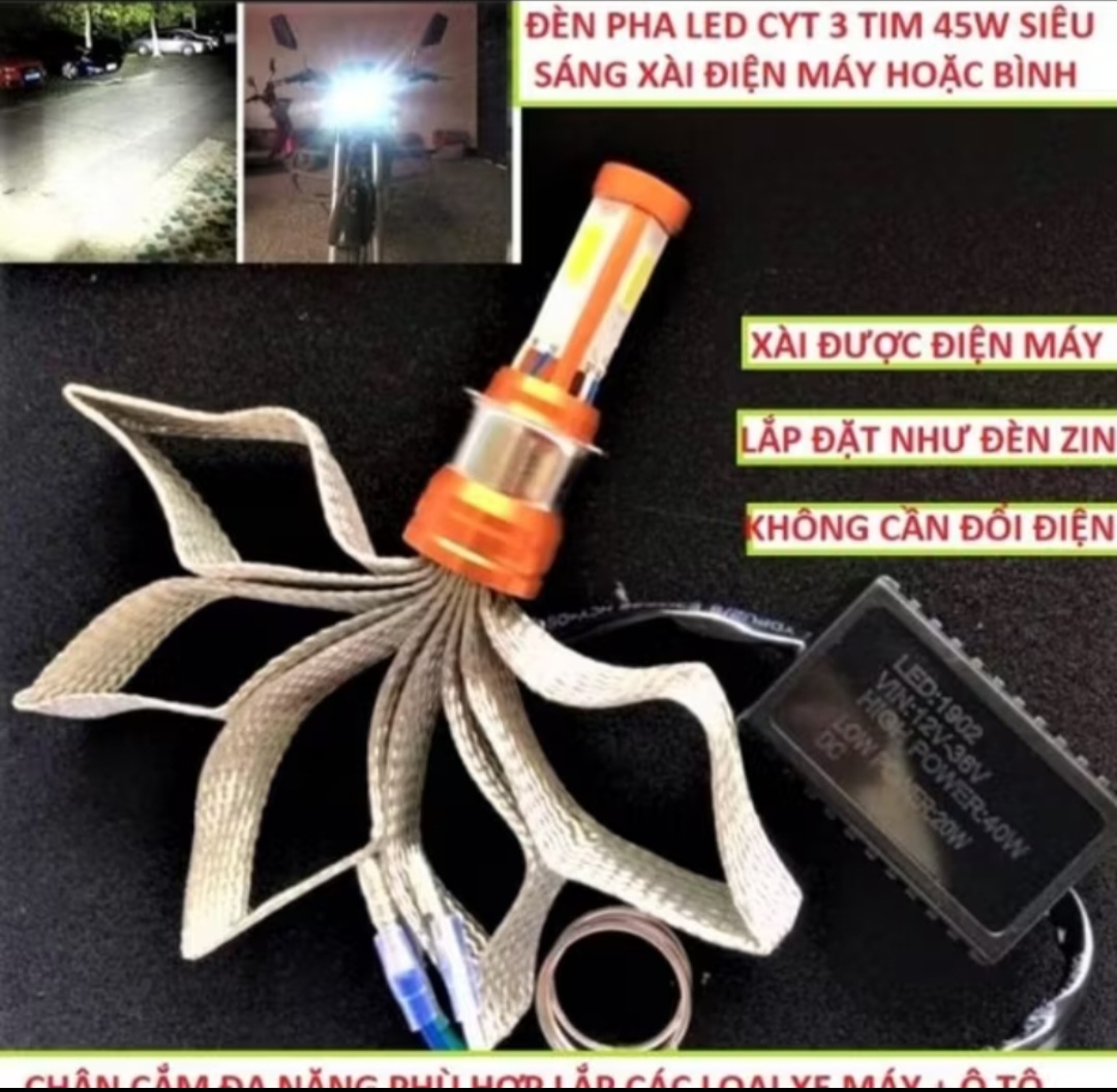 BÓNG ĐÈN PHA LED 3 TIM SIÊU SÁNG LẮP XE MÁY ÔTÔ MẪU MỚI