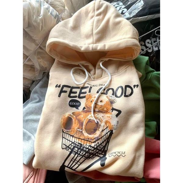 Áo hoodie form rộng cao cấp dày nón to in hình gấu,Áo khoác nỉ bông unisex nam nữ cực đep thời ttang hàn