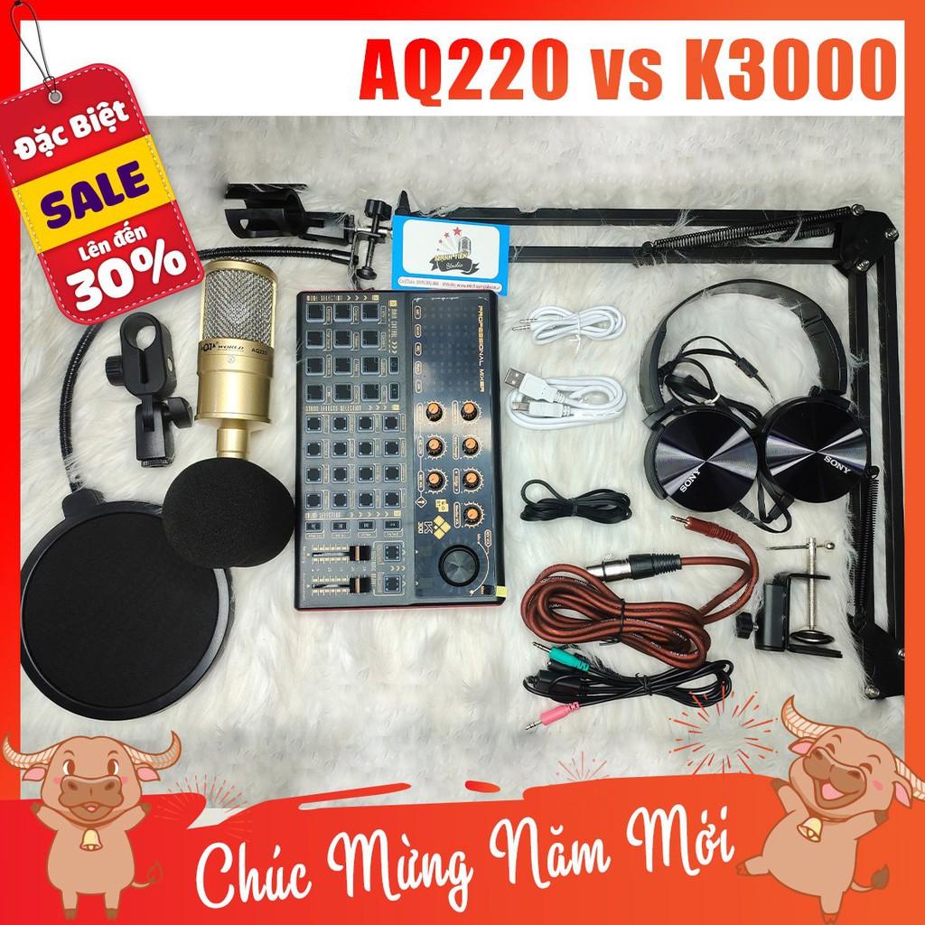 trọn bộ combo micro AQ220 + sound card K3000 + full phụ kiện livestream karaoke thu âm chuẩn xịn