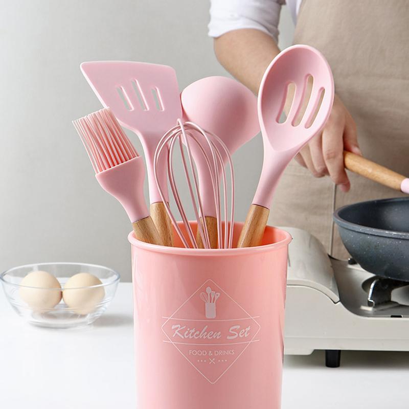 Ốp Đồ Dùng Nhà Bếp Thân Thiện Với Môi Trường Nấu Ăn Bộ Chịu Nhiệt Tay Cầm Bằng Gỗ Với Hộp Lưu Trữ Phụ Kiện Nhà Bếp