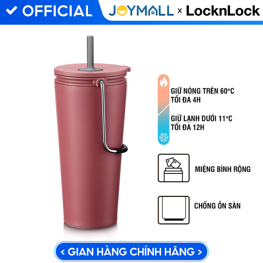 Bình giữ nhiệt Lock&amp;Lock Bucket Tumbler Nắp đậy có ống hút - Màu hồng LHC4268DPIK 540ml - Hàng chính hãng thép không gỉ quai xách tiện lợi - JoyMall