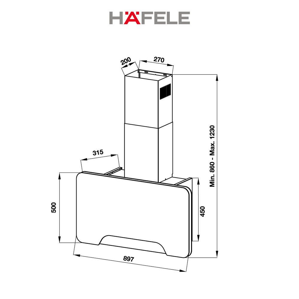 Máy Hút Mùi Treo Tường Hafele HH-WVGS90A (90cm) - 533.80.203 Xuất Xứ Châu Âu Kèm Than Hoạt Tính (Hàng chính hãng)