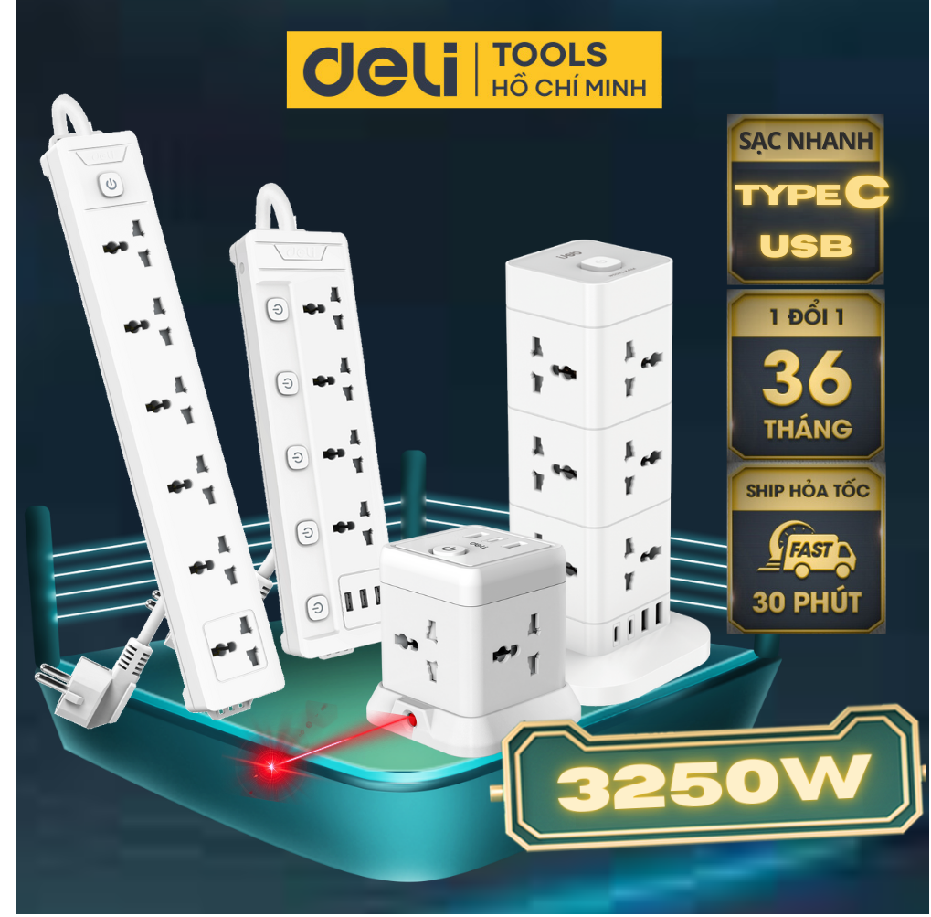 Ổ Cắm Điện Tích Hợp Cổng Usb Đa Năng Deli , 2 - 6 Lỗ Cắm Đầu 3 Công Suất 2500W, Dây 2 - 5M Tiện Dụng, An Toàn, Chống Cháy Nổ - 3 Ổ, 1 Nguồn, Dây 5M