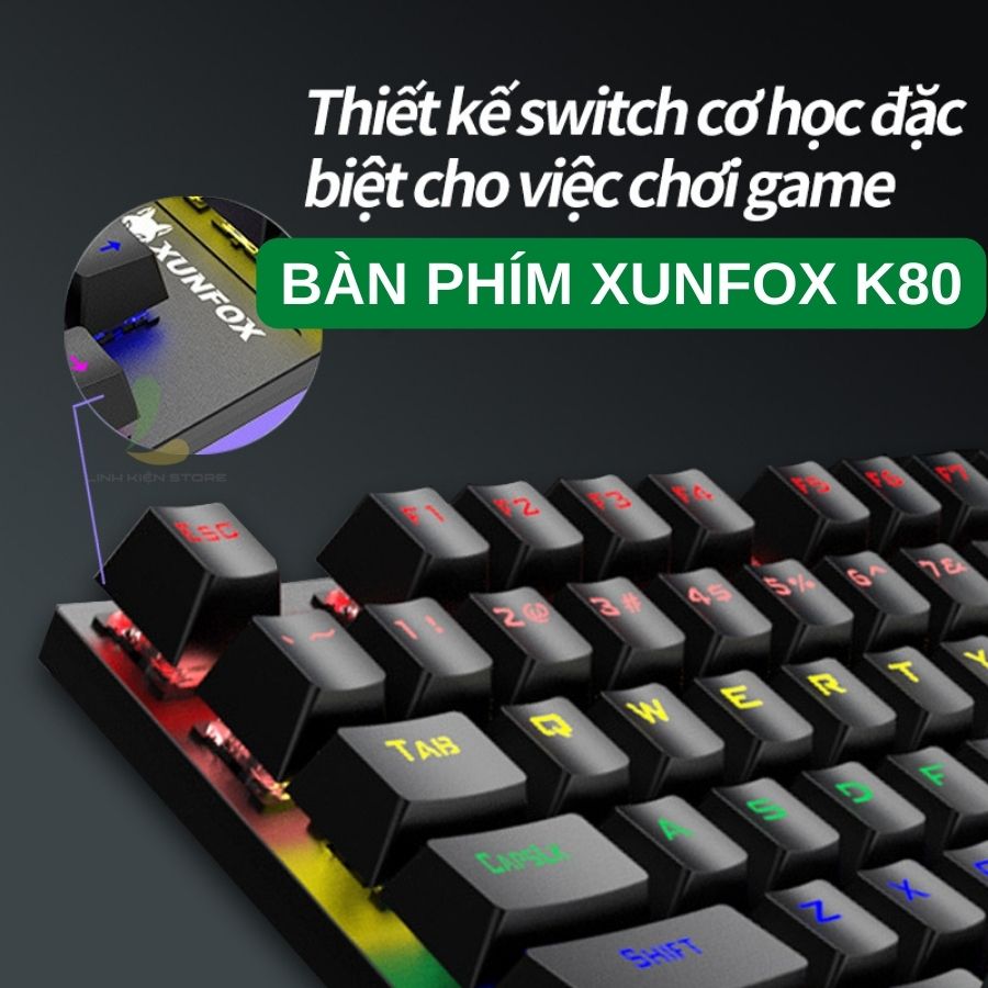 Bàn phím cơ XUNFOX K80 Blue switch - Bàn phím cơ gaming 87 phím kết nối có dây, tích hợp hiệu ứng đèn marquee siêu ngầu - Hàng nhập khẩu
