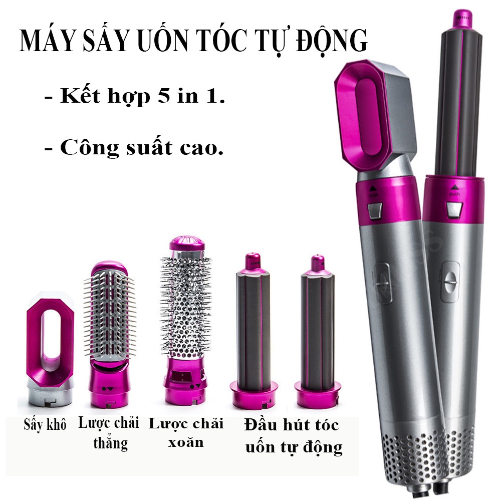 Máy Sấy Uốn Xoăn Tóc Tạo Kiểu Đa Năng 5 In 1 Tiện Dụng, Có Lược Điện, Ống Tạo Xoăn Xoay Tự Động