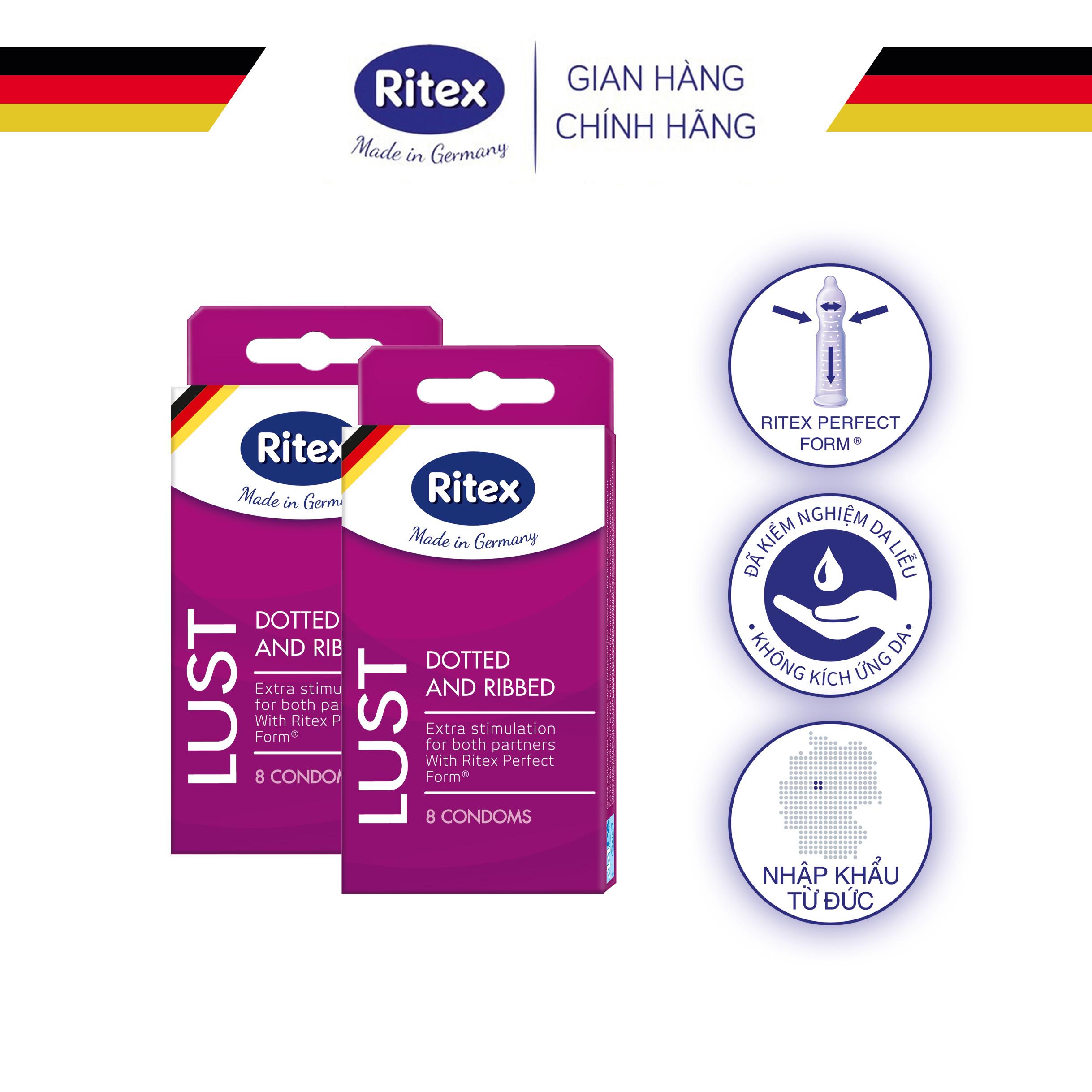 Bao cao su Ritex Lust, gân gai đan xen, hộp 8 chiếc