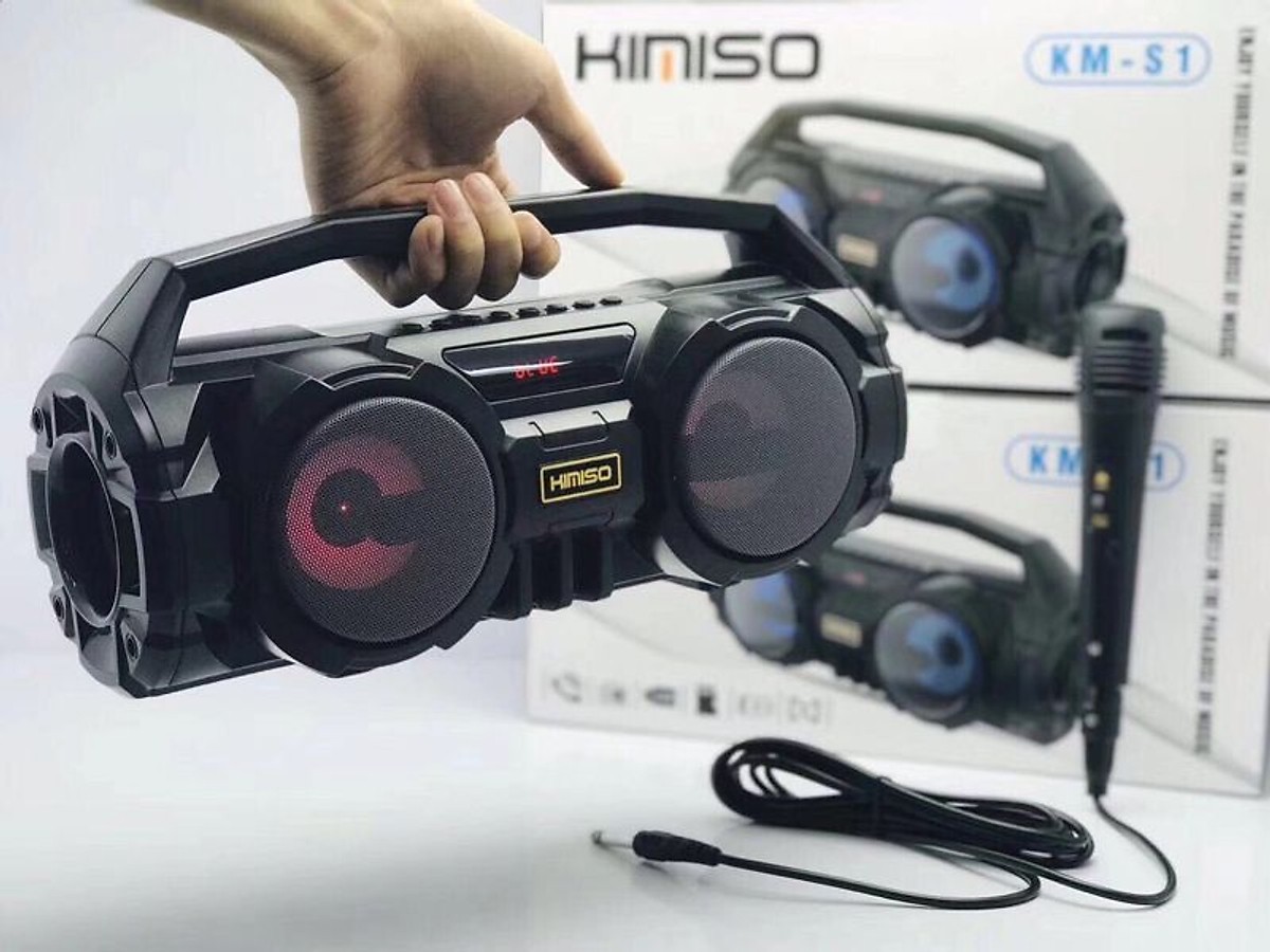 Hình ảnh  Loa Kẹo Kéo Kimiso KM-S1 (Đen) Tặng Kèm 1 Mic Hát Có Dây Cắm Trực Tiếp, Có 2 Loa Super Bass Không Dây, Đèn Led Sống Động - Hàng nhập khẩu